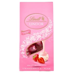 LINDT LINDOR Pralinki z białej czekolady z kawałkami truskawek i śmietankowym nadzieniem
100 g