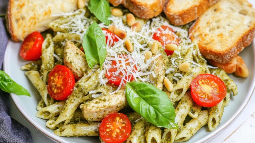 3. Makaron z pesto, kurczakiem i orzechami piniowymi