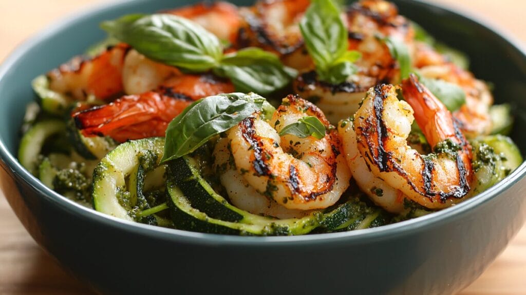 3. Makaron z pesto, krewetkami i cukinią